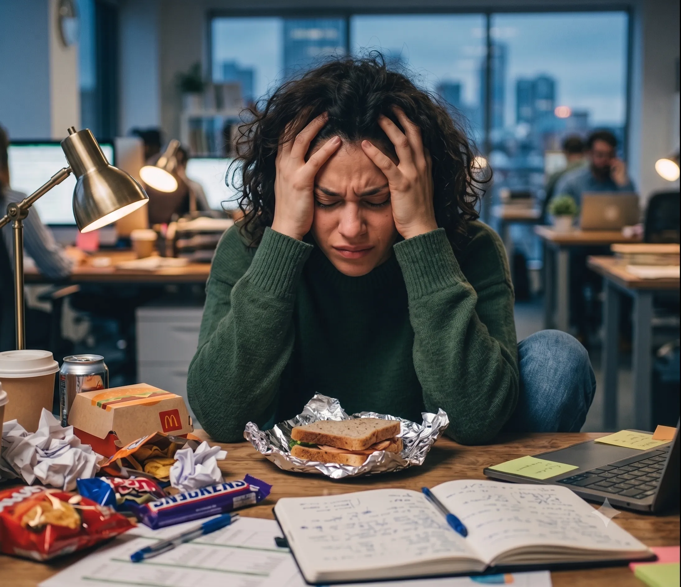 A woman standing in her kitchen surrounded by snack foods, hands on her head, expressing the emotional exhaustion of persistent food cravings