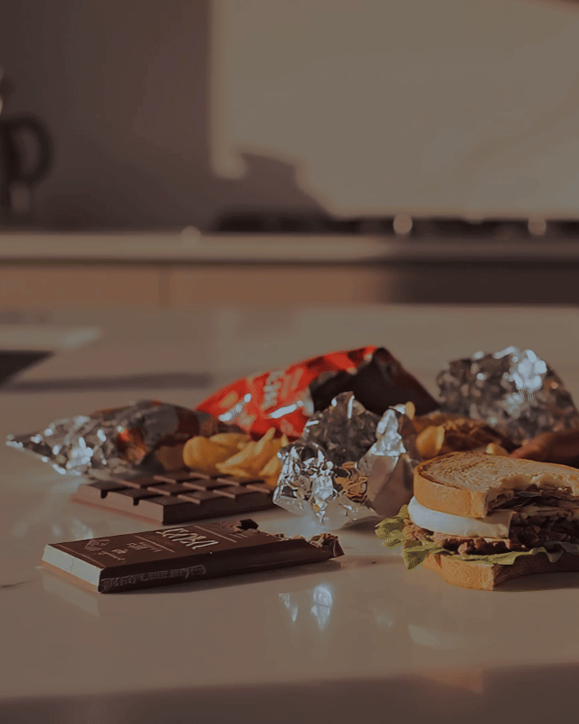 A woman staring at snacks, expressing the emotional exhaustion of persistent food cravings