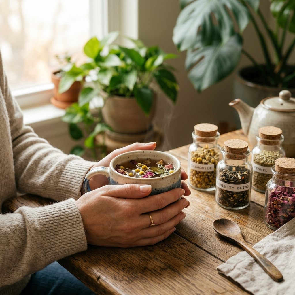 A woman's hands holding a warm drink with natural ingredients nearby in soft morning light