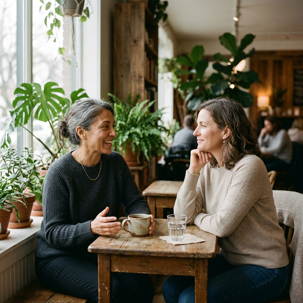 Two women in their late forties having a quiet, reflective conversation at a café